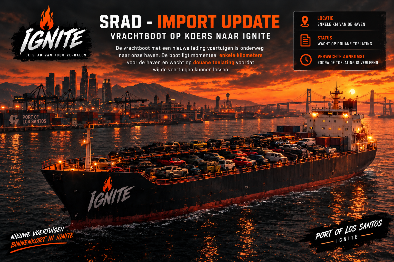 Vrachtboot met nieuwe voertuigen voor Ignite bij de haven van Los Santos, in oranje en donkere tinten