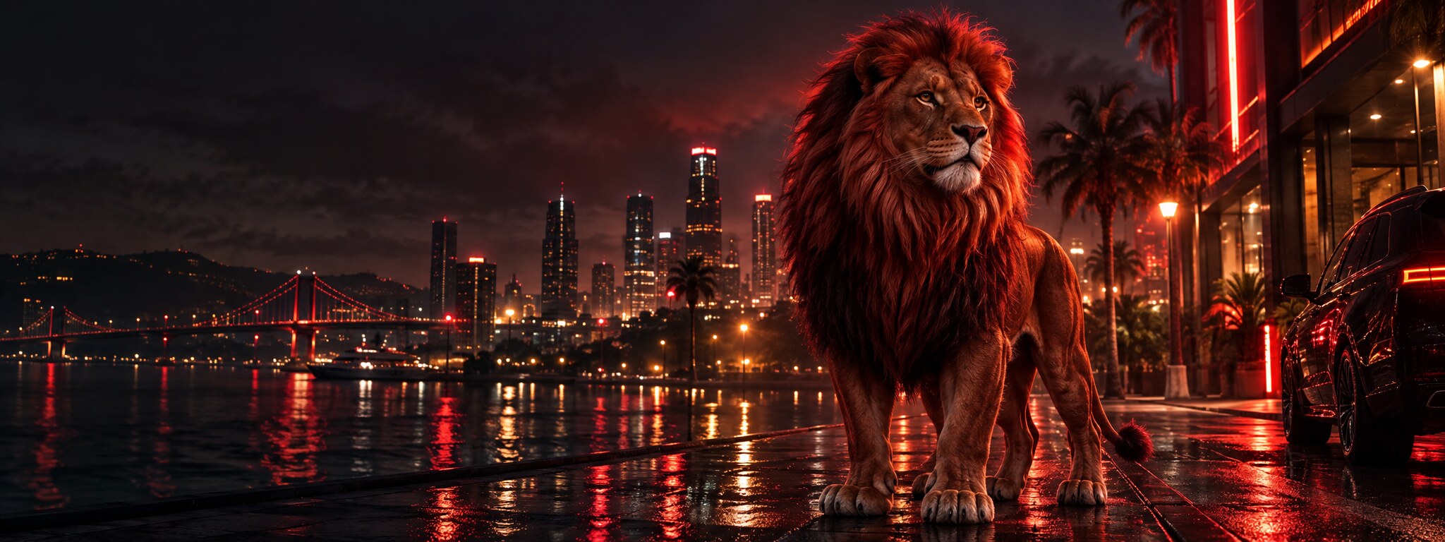 Rode leeuw waakt over de verlichte stad van Red Lion City